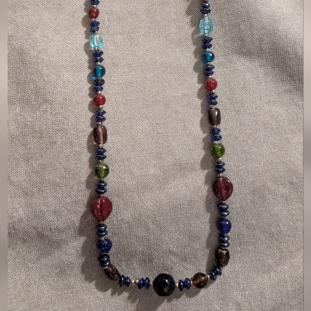 Vintage Glass Bead Necklace Statement Blue Red Hand-blown